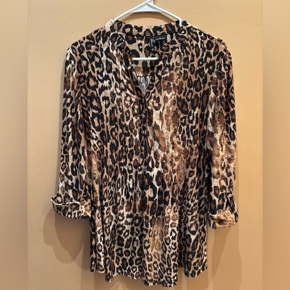 New Directions Brown and Black Leopard 3/4 Sleeve Notched Collar Blouse Size 1X - Picture 2 of 9